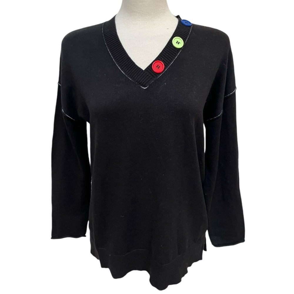 Ten-Oh-8 Pima Cotton Black V Neck Sweater Multicolor Buttons Women's Size Small